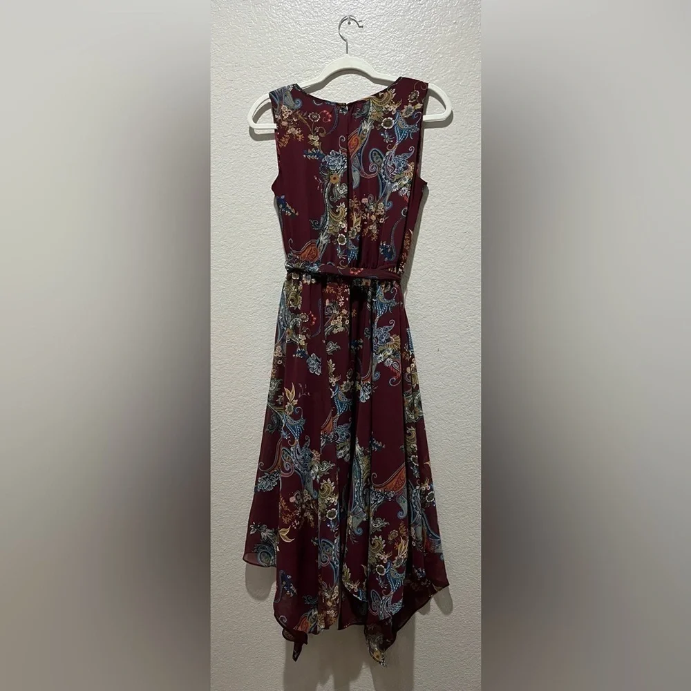 Westport sz 6 Handkerchief dress Burgundy Floral Sleeveless Belted Whimsigoth